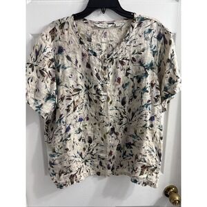 Orvis Womens 100% Linen Pullover Beige Blouse With Abstract Leaves XL